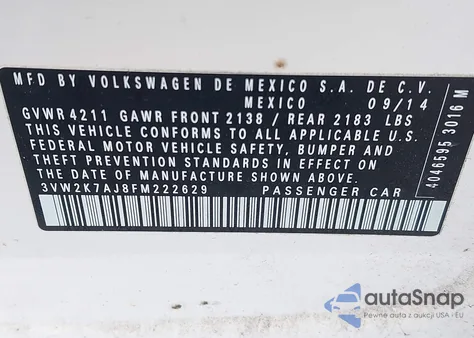 2015 Volkswagen Jetta 2.0L S из США, поврежденный, VIN 3VW2K7AJ8FM222629